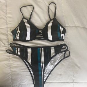 CupShe Blue White and Black Striped Bikini